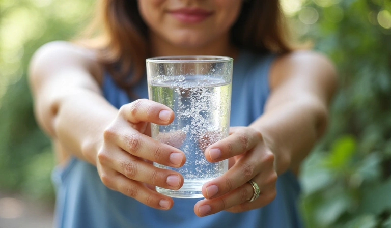 Persona bebiendo un vaso de agua fresca, con un ambiente de calma y bienestar