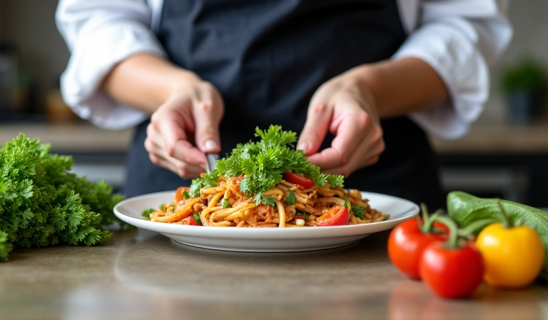Un chef preparando una comida saludable en una cocina moderna