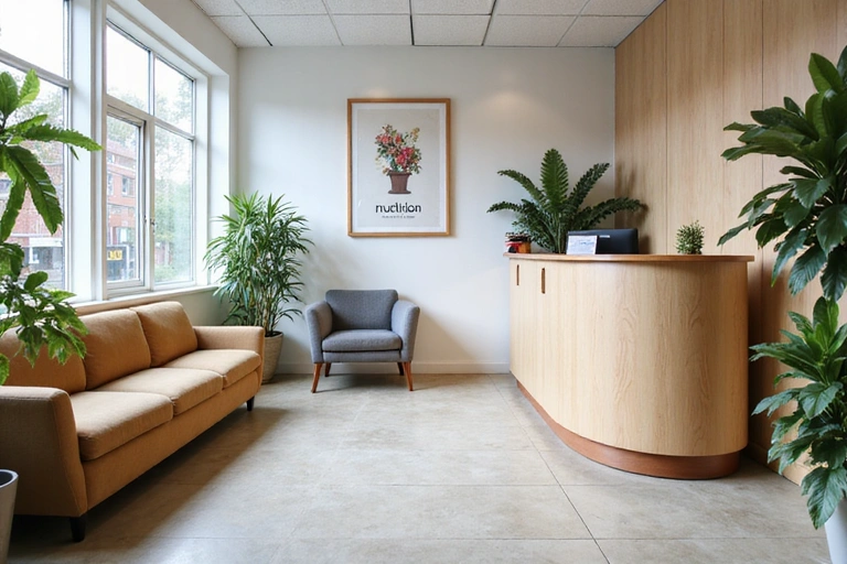 Oficina moderna y luminosa de NutriVida Saludable, con un diseño limpio y plantas, invitando a la tranquilidad y el bienestar.