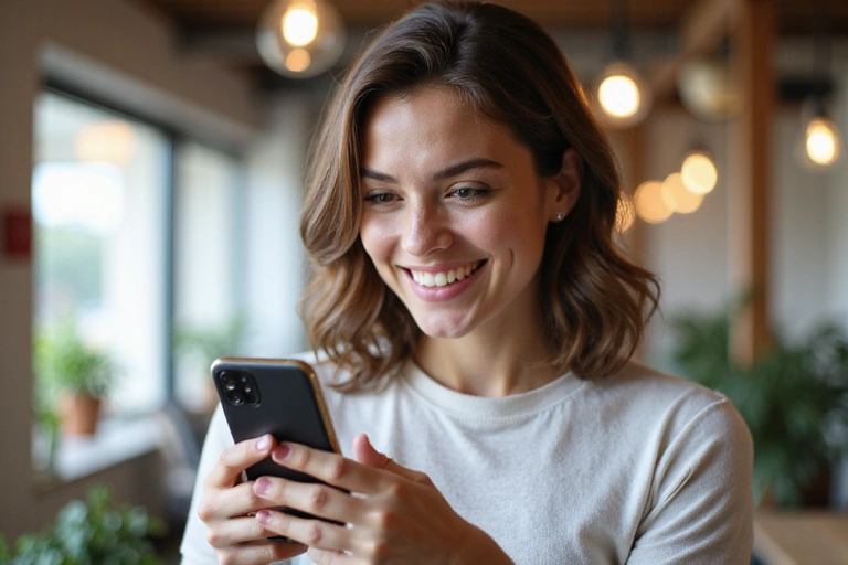 Persona usando un smartphone sonriendo, viendo contenido de redes sociales relacionado con nutrición y bienestar.