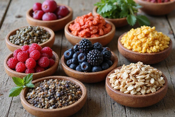 Imagen de varios superalimentos en cuencos de madera