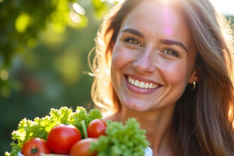 Mujer sonriendo mientras come una ensalada saludable al aire libre.