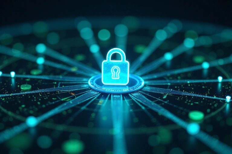 Secure data transfer illustration with padlock and digital lines
