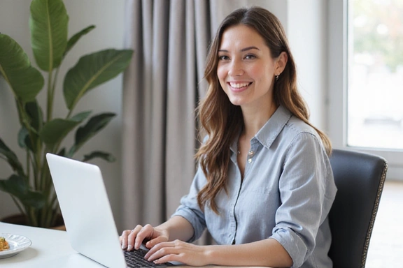 Mujer sonriendo mientras realiza una videollamada de consulta nutricional online con su ordenador.