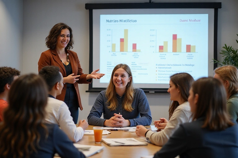 Un grupo de personas sonriendo y participando activamente en un taller educativo sobre nutrición, con un instructor explicando gráficos en una pantalla grande.
