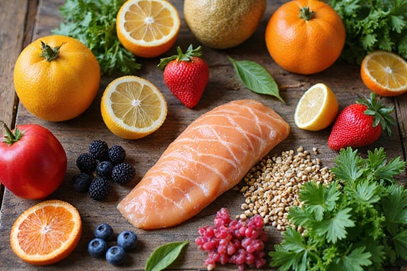 Una variedad vibrante de alimentos saludables, incluyendo frutas frescas, verduras, granos integrales y proteínas magras, dispuestos artísticamente sobre una mesa de madera.